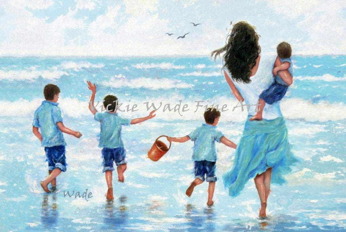 Happy Mother and Four Boys Running Into the Ocean Waves Poster