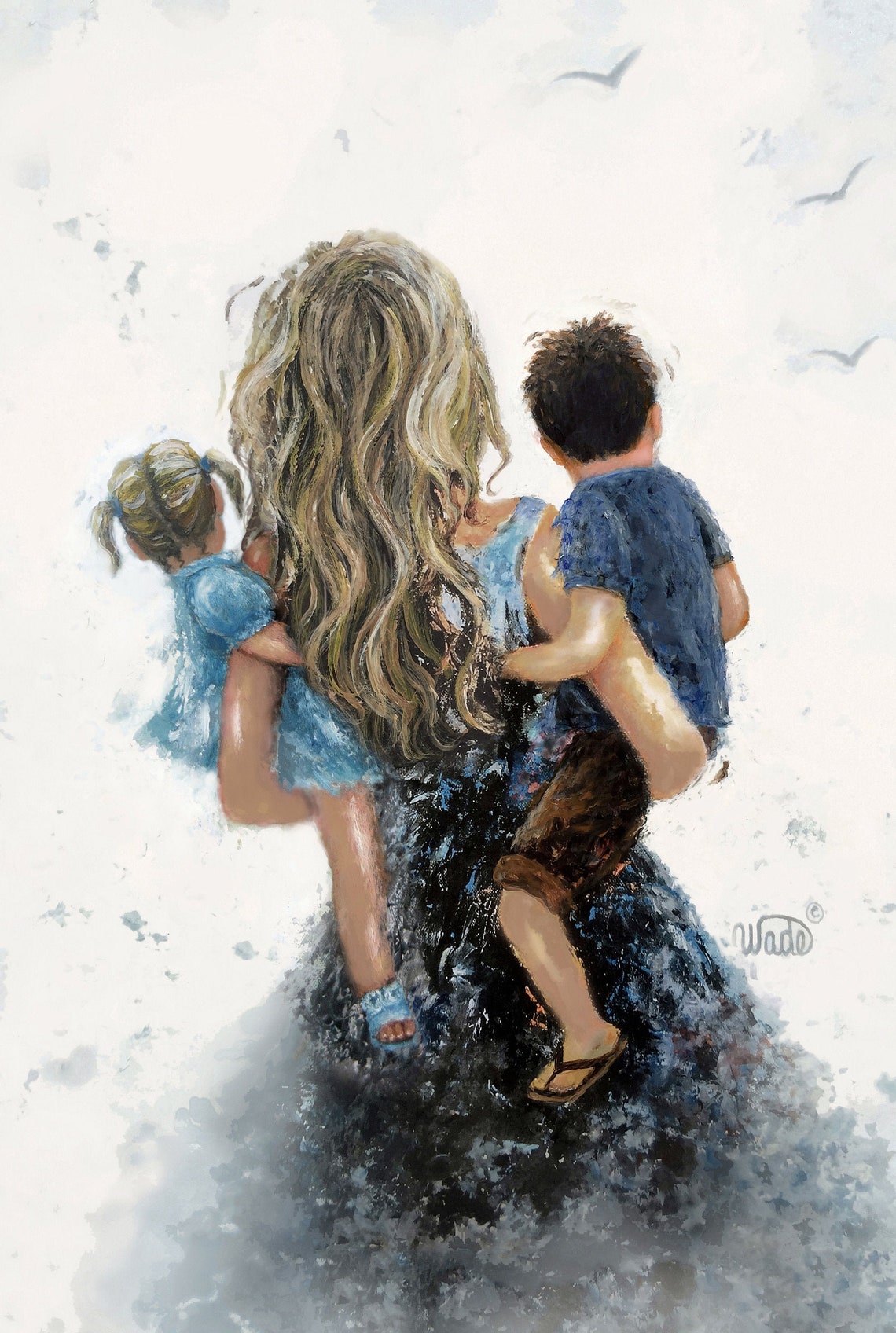 Blonde Mother Carrying Her Boy and Girl Walking at the Beach Poster