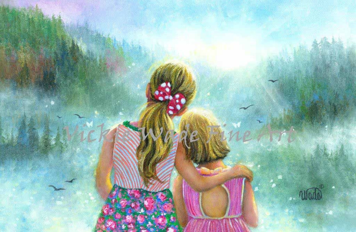 Two Sisters Overlooking a Misty Forest Valley with Birds Poster
