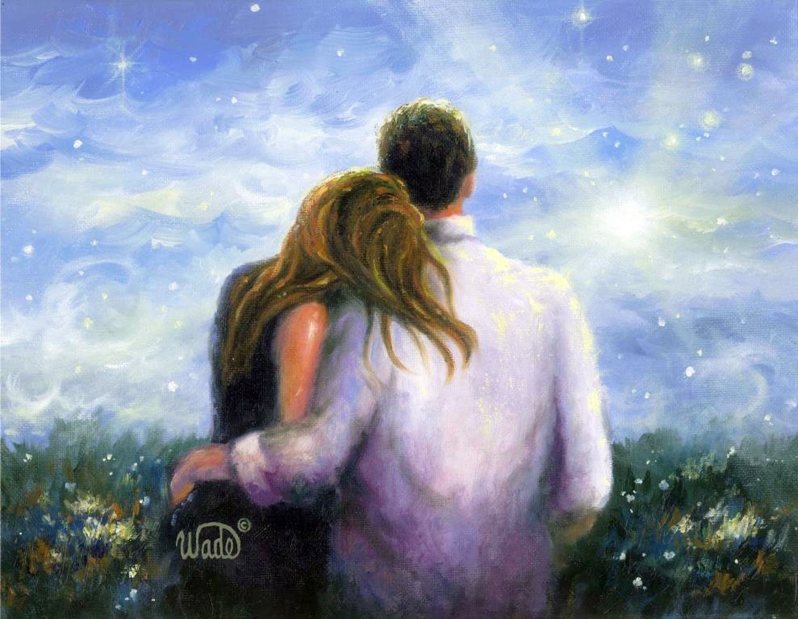 Romantic Couple Under Starry Night Sky Anniversary Lovers Art Poster