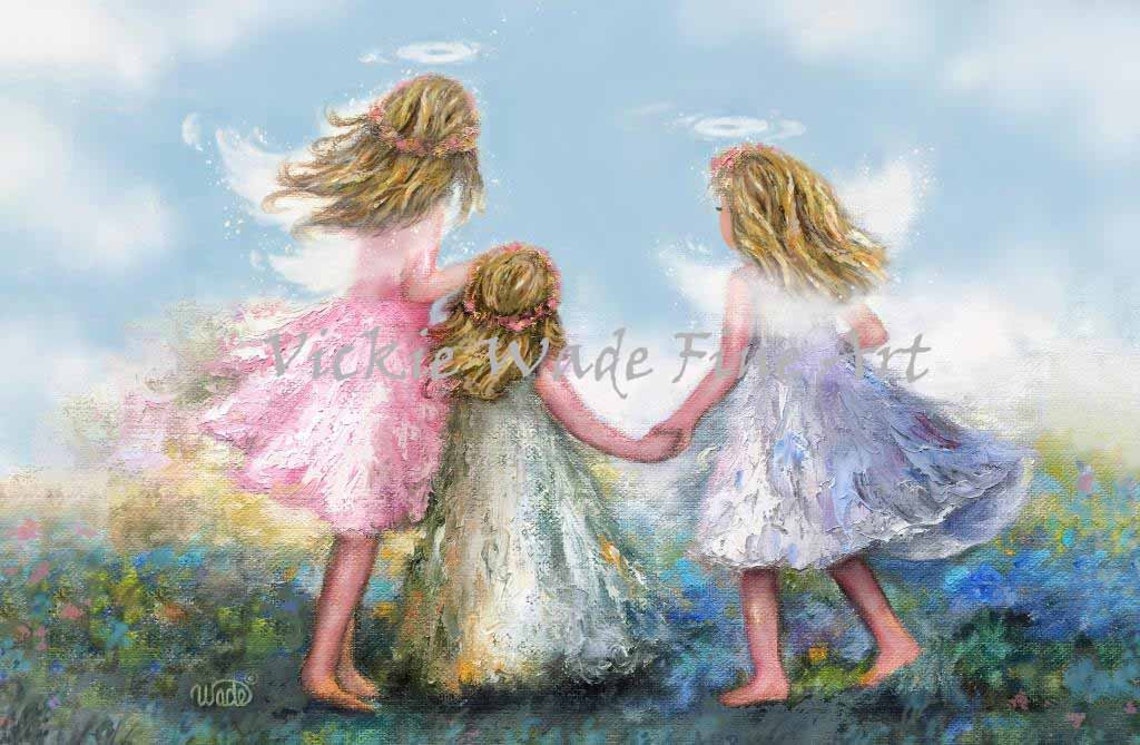 Three Little Sisters Dancing Together in a Flower Field Poster - Image 2