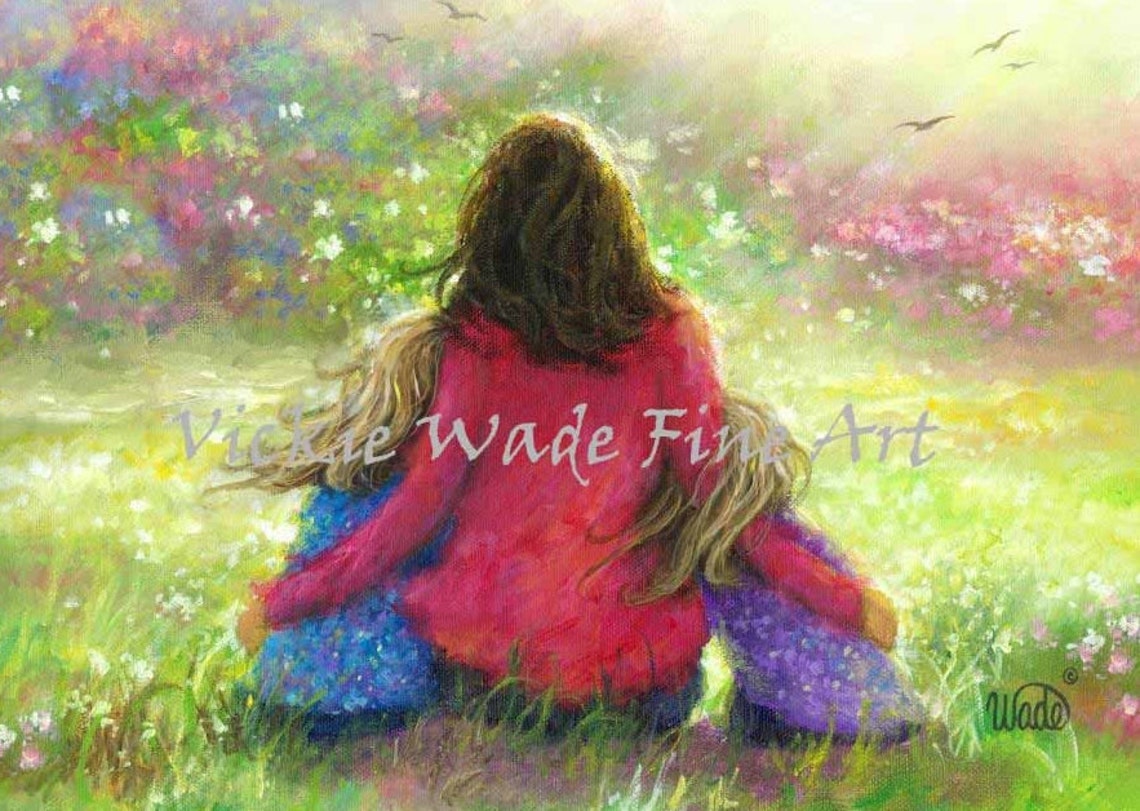 Mother Hugging Two Daughters in a Blooming Flower Garden Poster