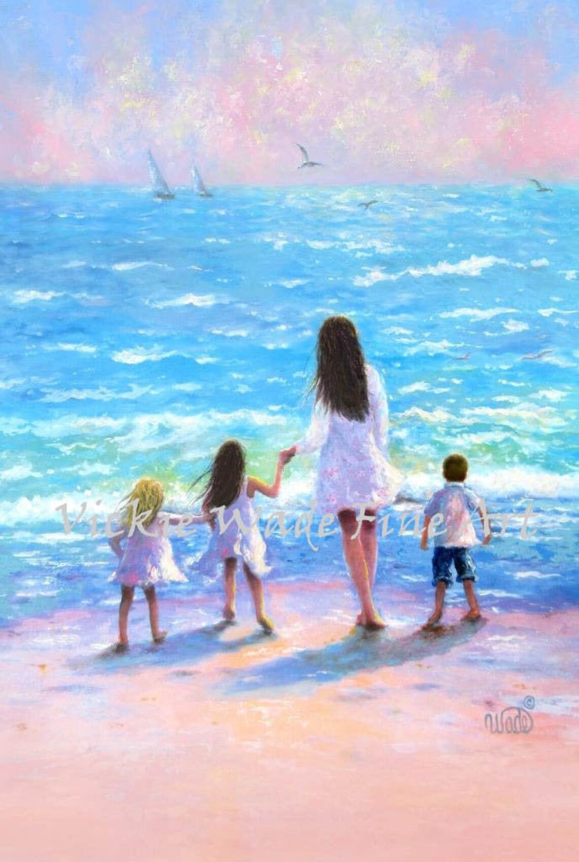 Mother And Three Children Walking Into The Ocean At Sunset Poster