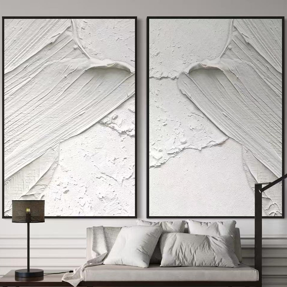 White Sweeping Diagonal Strokes Diptych Pair Textured Twin Poster