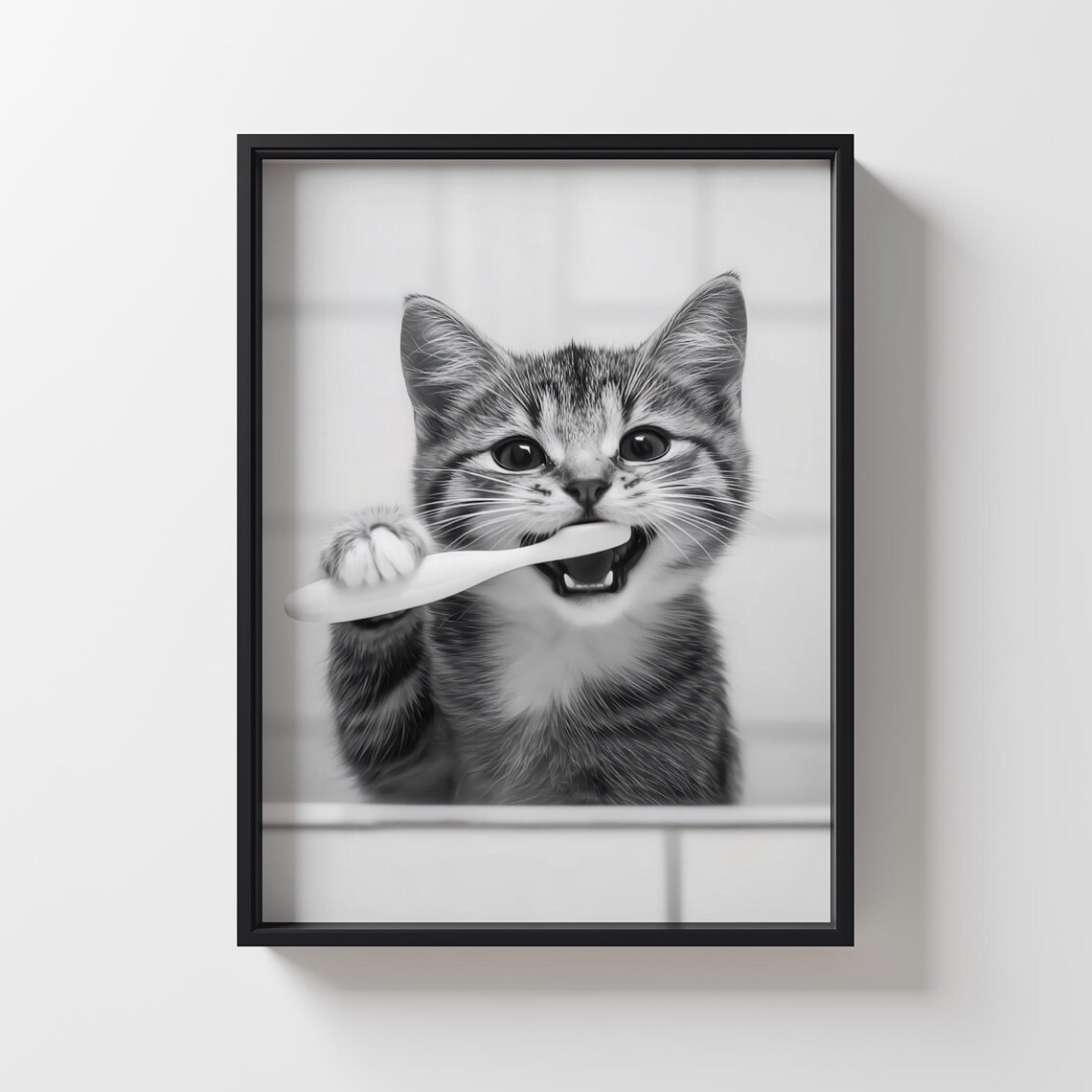 Funny Kitten Cat Brushing Teeth Art Print