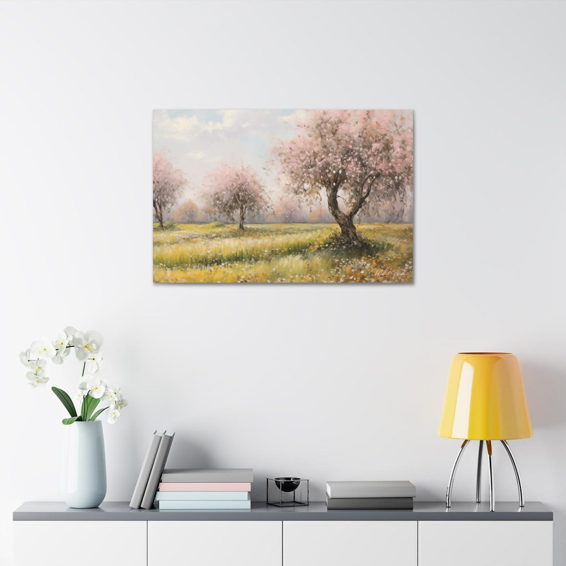 Blooming Cherry Trees Over A Golden Spring Meadow Art Poster - Image 7