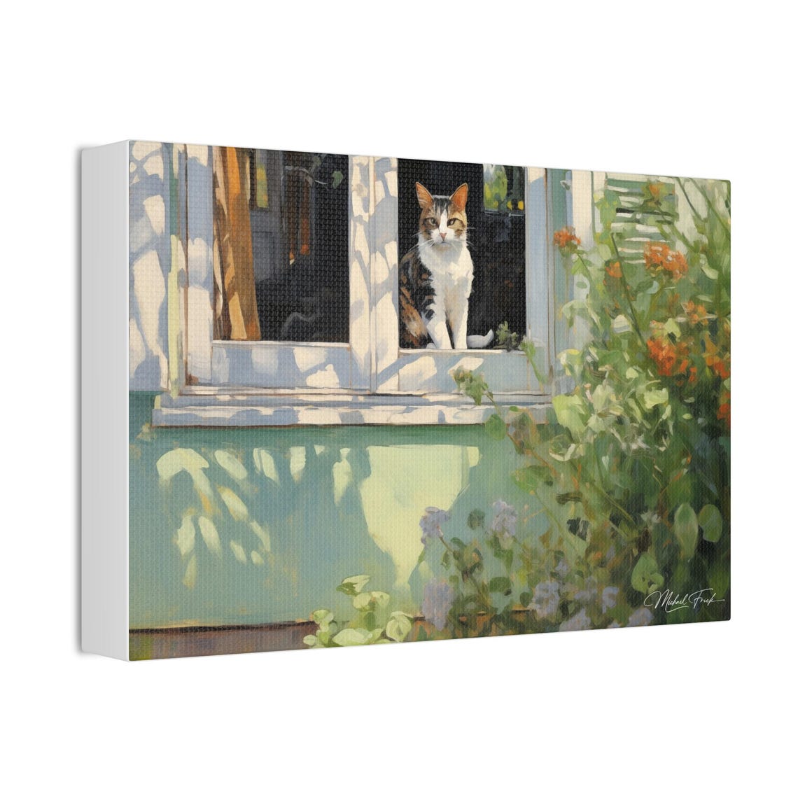 Sunlit Tabby Cat Sitting in Cottage Window Flower Art Poster - Image 3
