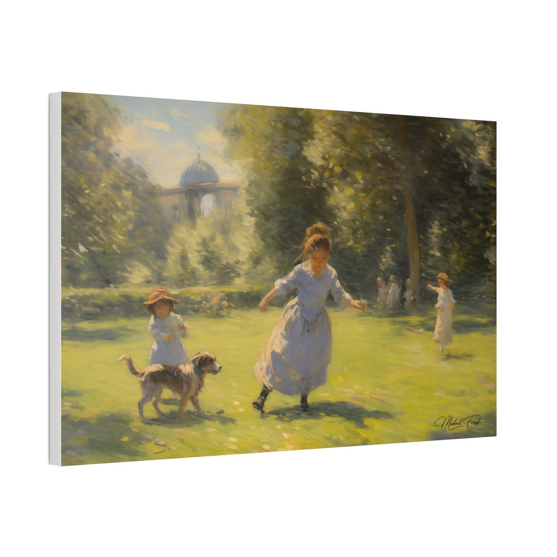 Children Playing With Dog Sunny Summer Park Scene Artwork Poster - Image 5