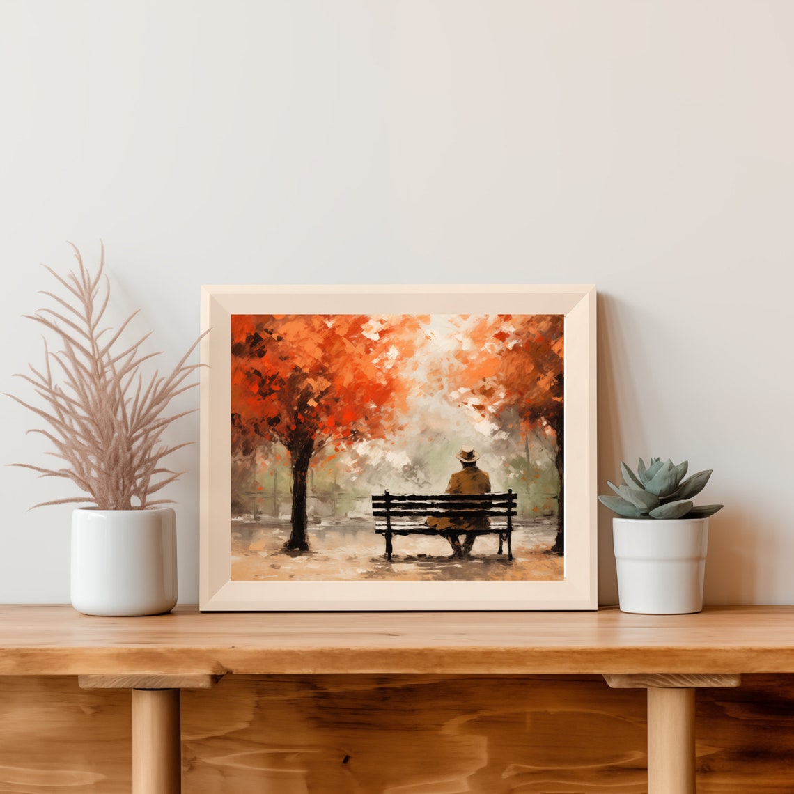 Man Sitting Alone On A Park Bench Beneath Autumn Trees Wall Art - Image 4