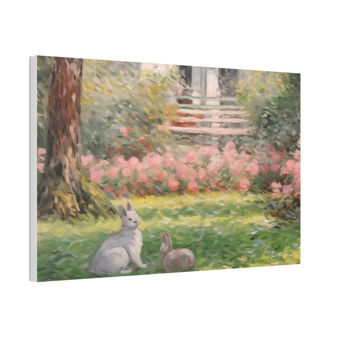 Two Rabbits Relaxing In A Flower Garden By A Cottage Wall Art - Image 5