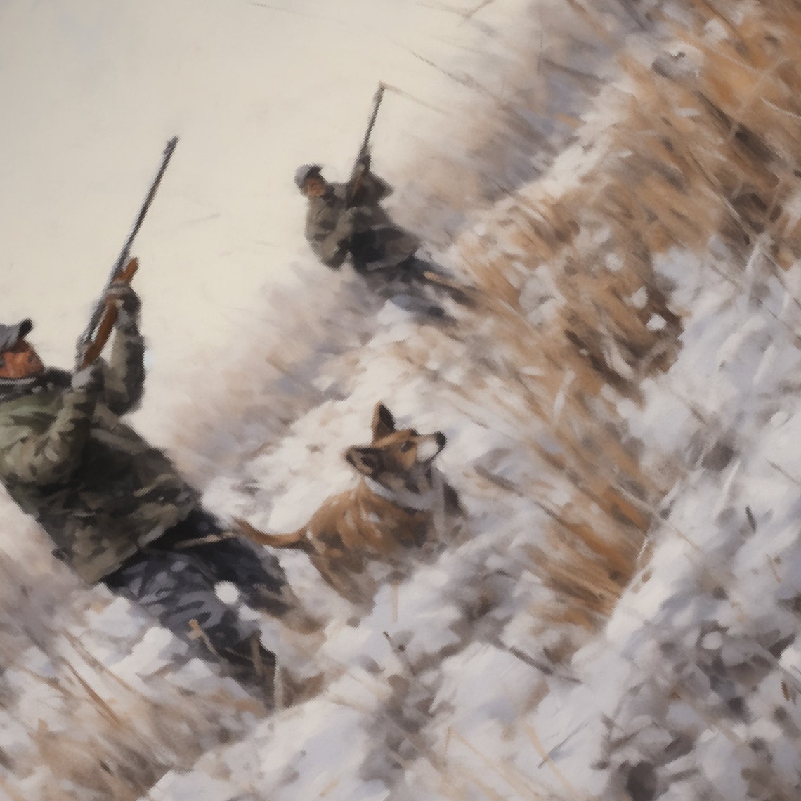Hunters With A Dog Walking A Snowy Winter Field Vintage Poster - Image 5