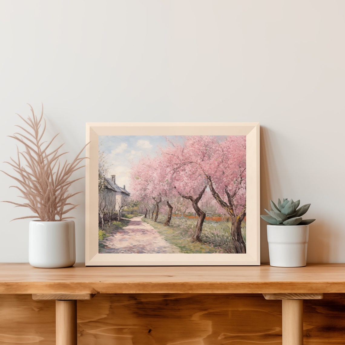 Beautiful Sunny Spring Day With Trees Lining A Path Behind Houses Vintage Inspired Landscape Print - Image 4