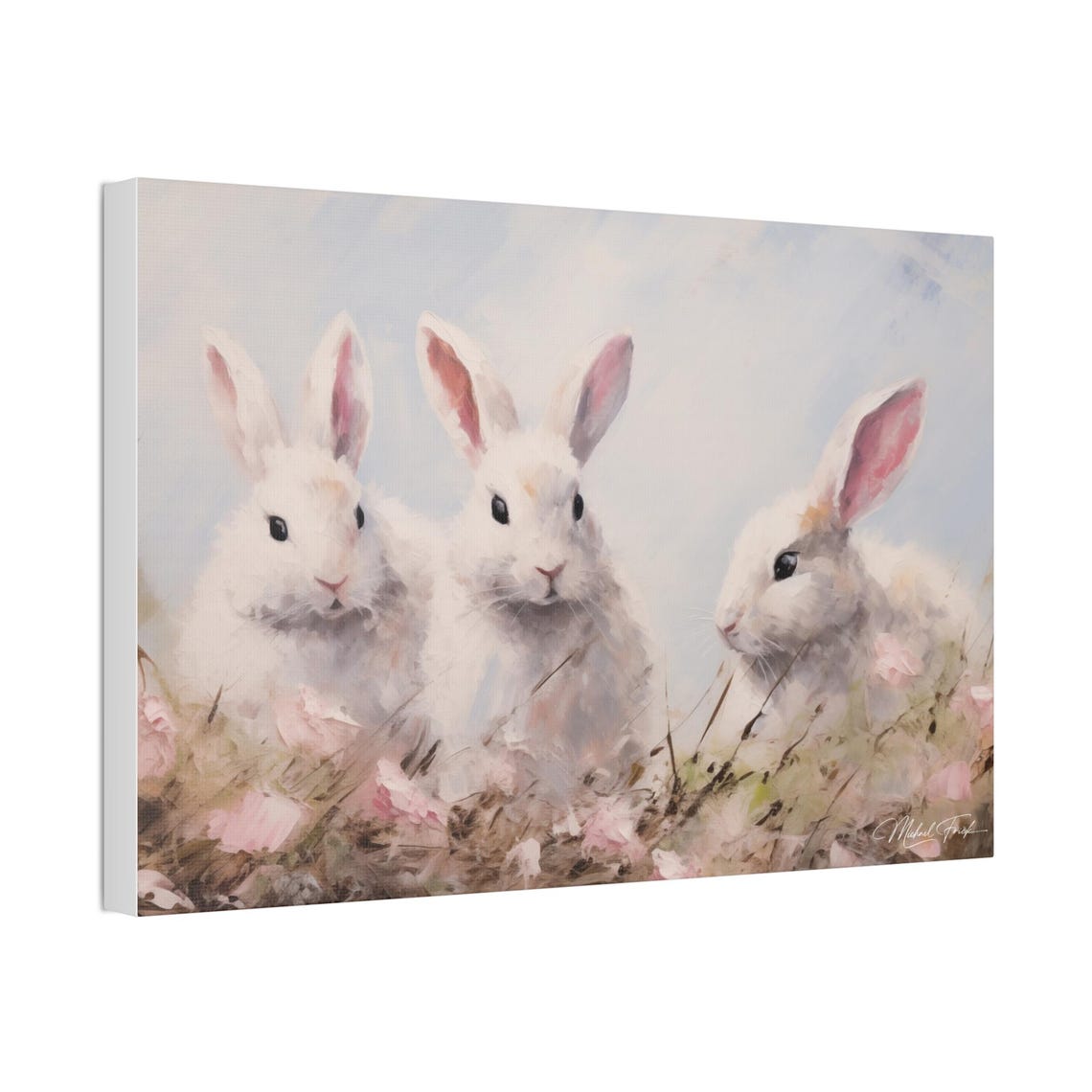 Three Fluffy White Bunnies Among Pink Meadow Flowers Art Print - Image 4