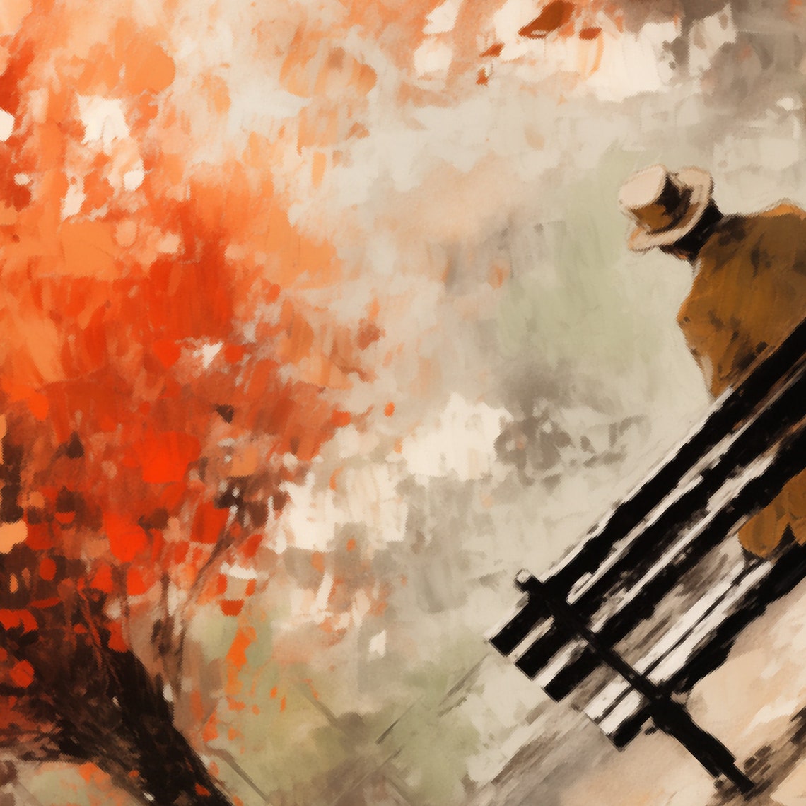 Man Sitting Alone On A Park Bench Beneath Autumn Trees Wall Art - Image 5