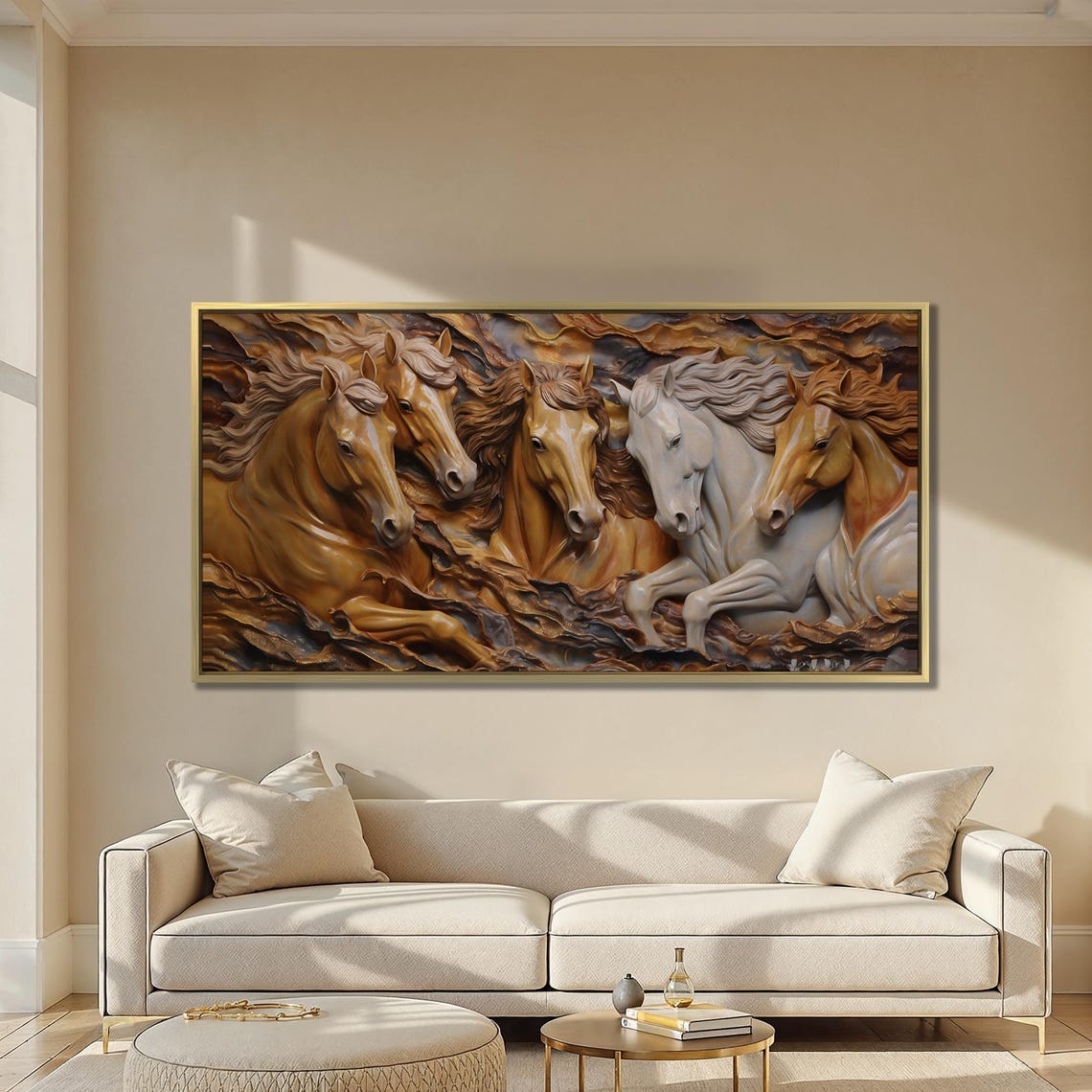 Five Running Horses 3D Sculpted Golden Relief Equestrian Wall Art - Image 5