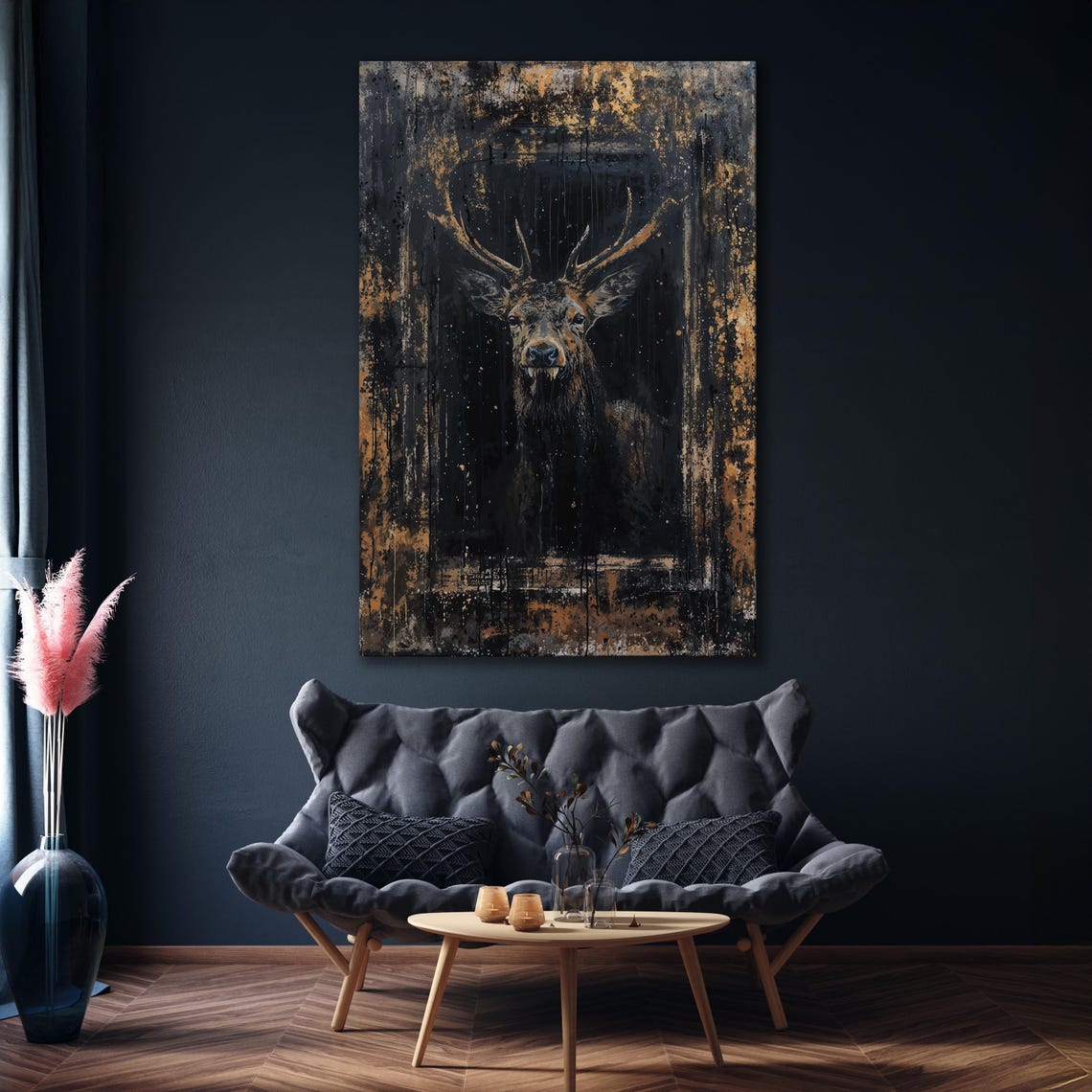 Dark Abstract Stag Portrait Gold Splatter Moody Deer Painting Poster - Image 4