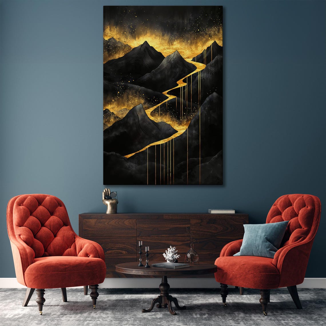 Dramatic Dark Mountains with Winding Golden River Landscape Poster - Image 3