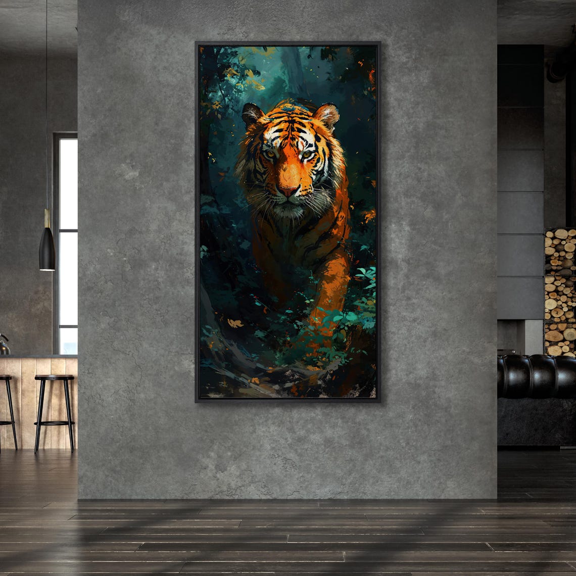 Orange Tiger In Dark Jungle Painted Wildlife Portrait Wall Art - Image 6