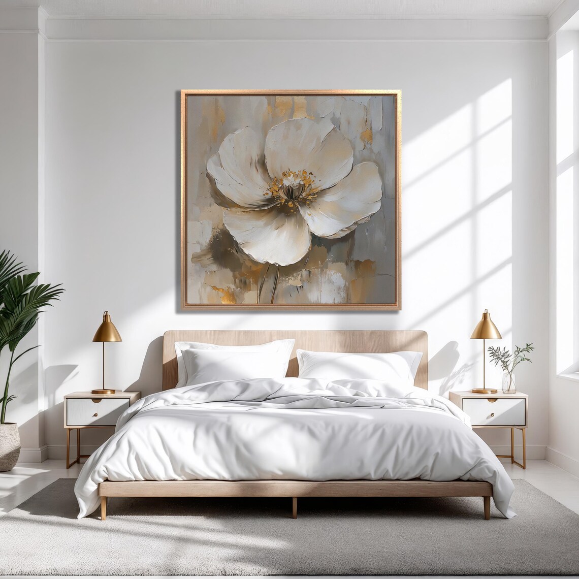 White Magnolia Flower With Gold Accents On Gray Impasto Art Poster - Image 5