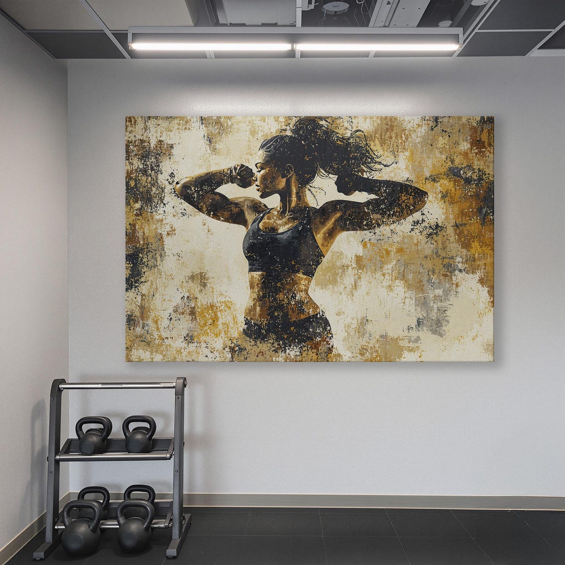 Fit Woman Holding Boxing Stance On Black Gold Abstract Poster - Image 6