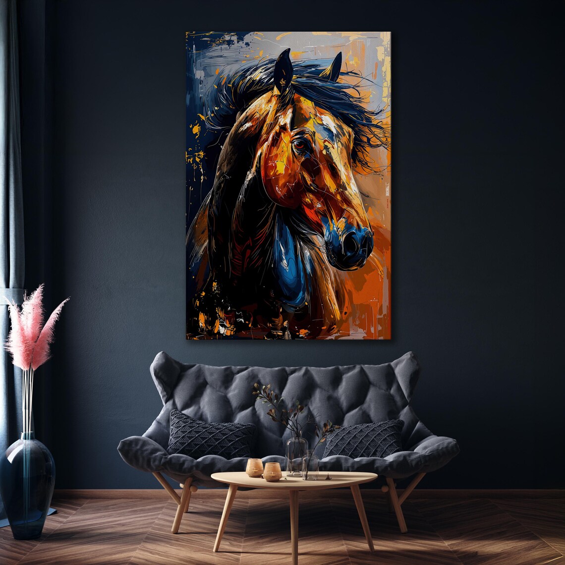 Wild Horse Head Abstract Bold Blue Orange Equine Painting Poster - Image 4