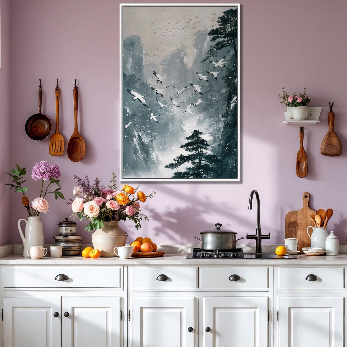 Japanese Cranes Flying Over Snowy Mountain In Ink Wash Style Poster - Image 3