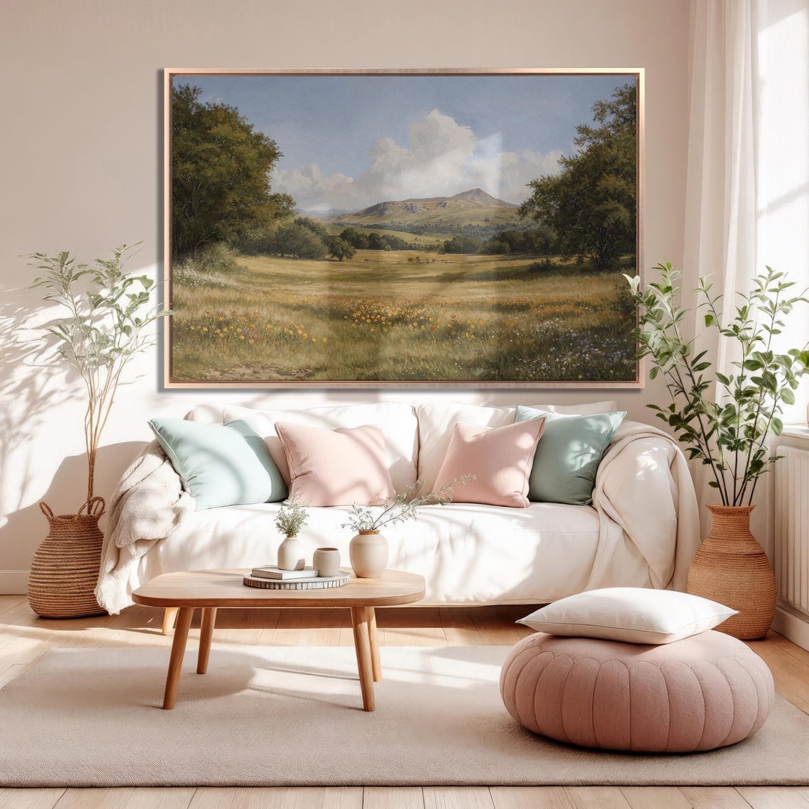 Wide Golden Prairie Meadow With Distant Hill Panorama Poster - Image 5