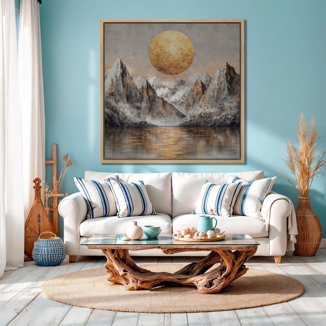 Snowy Mountain Peaks Under Golden Sun Lake Reflection Art Poster - Image 2