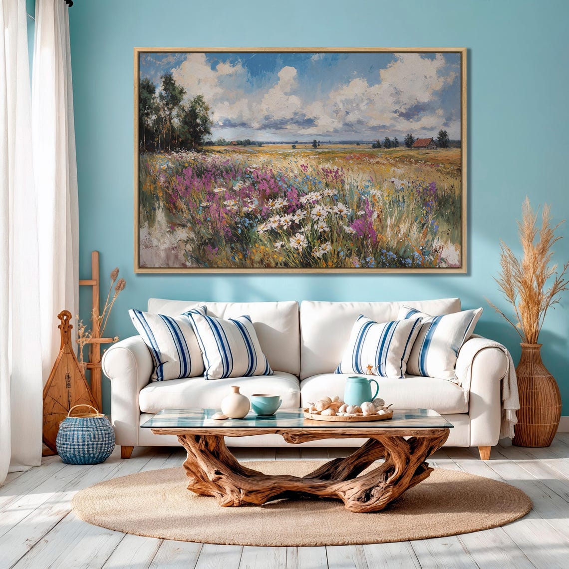 Summer Wildflower Meadow With Red Barn Under Blue Sky Poster - Image 4