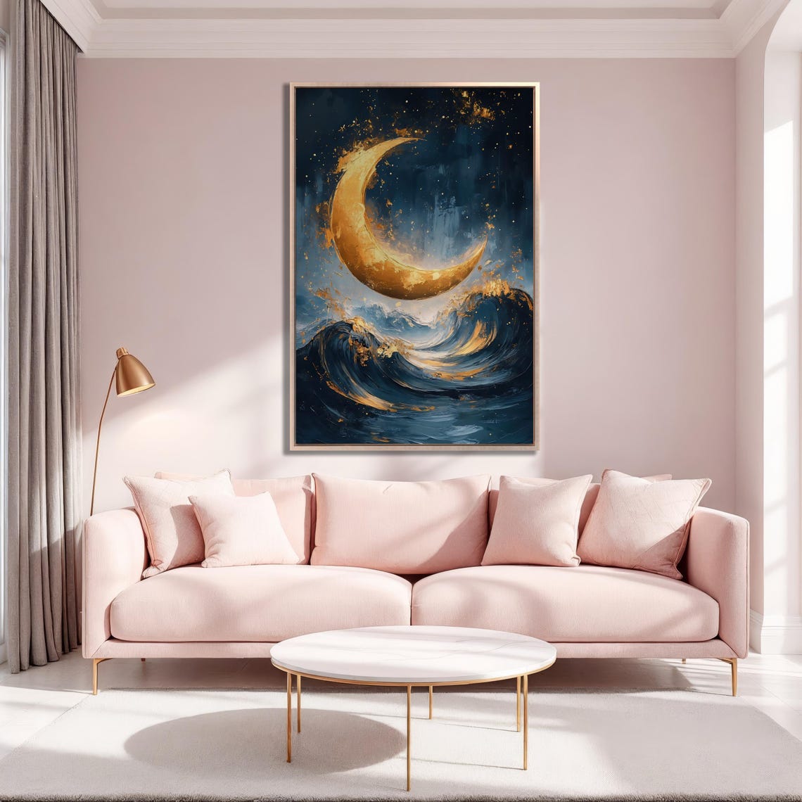 Golden Crescent Moon Glowing Over Midnight Blue Ocean Waves Poster - Image 2