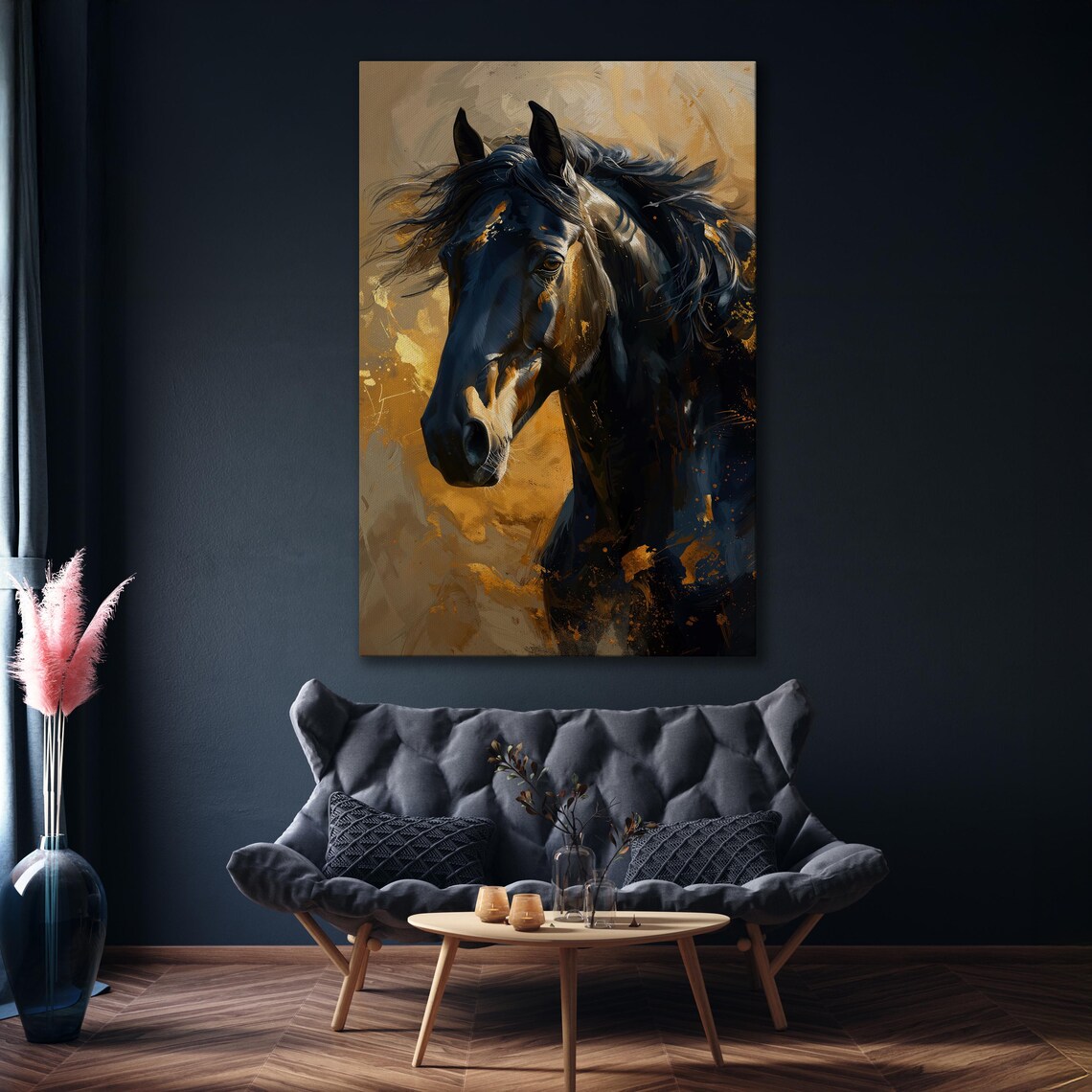 Black Horse Portrait Golden Abstract Background Equestrian Wall Art - Image 5