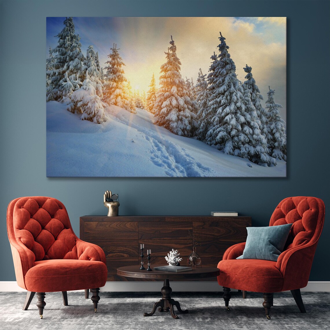 Winter Sunrise Over Snowy Fir Forest Mountain Landscape Canvas Poster