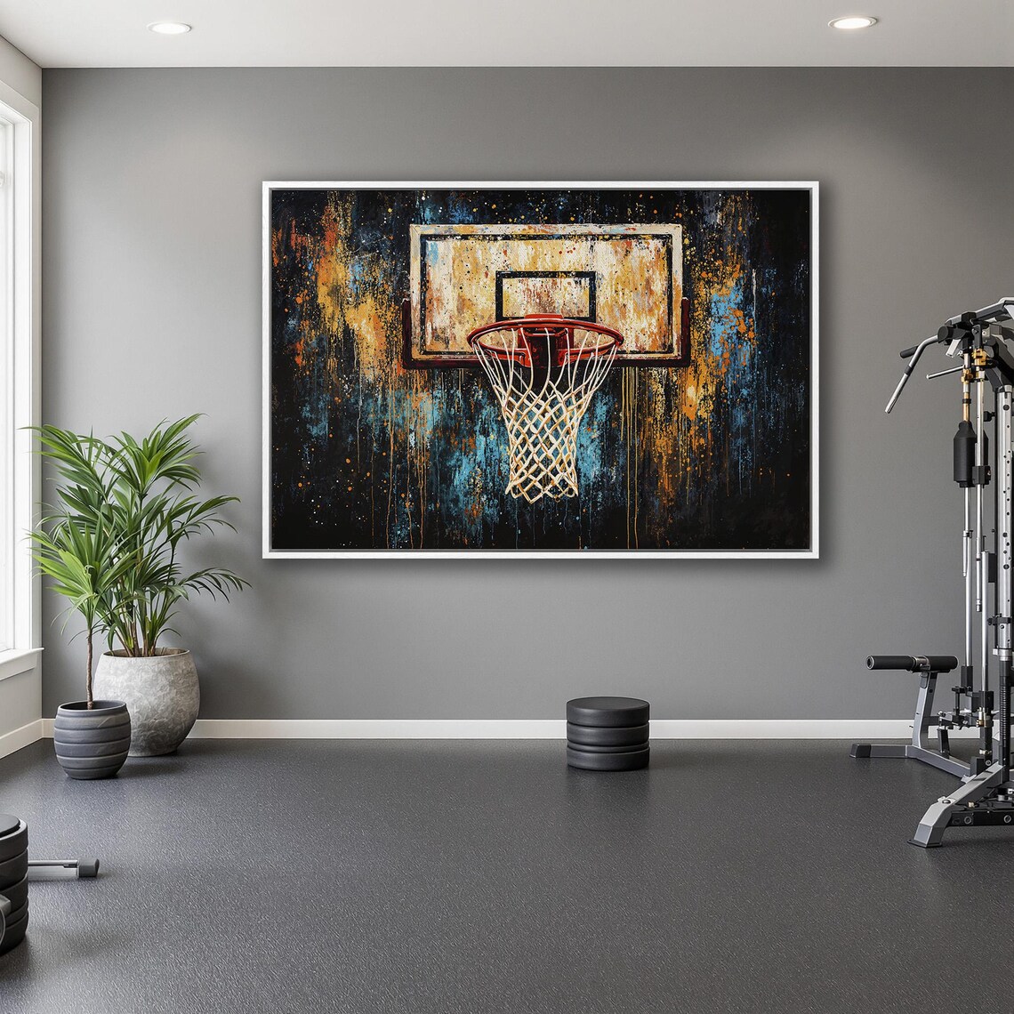 Red Rimmed Basketball Hoop On Orange And Blue Grunge Art Poster - Image 5