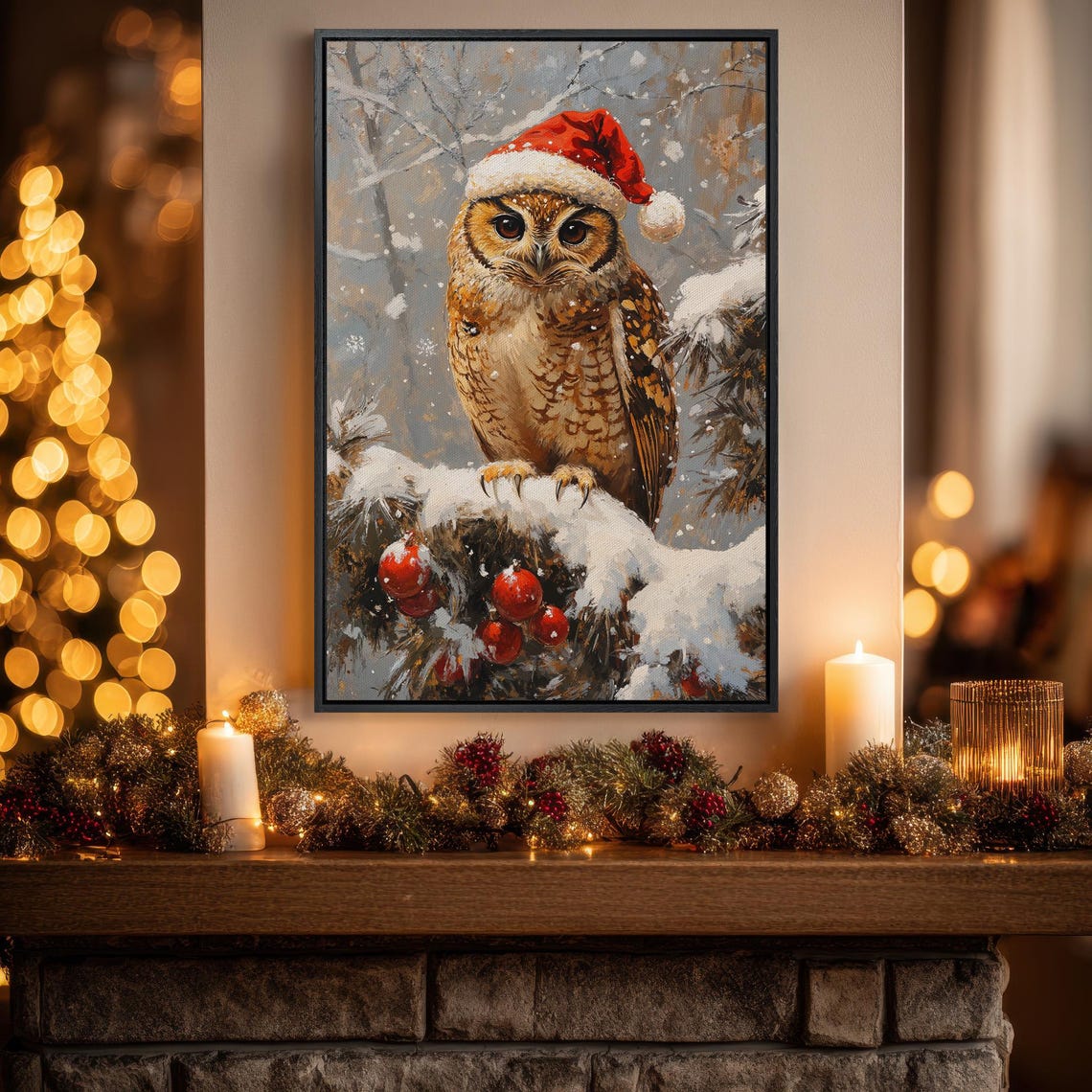 Owl In Red Santa Hat On Snowy Branch Festive Christmas Wall Art