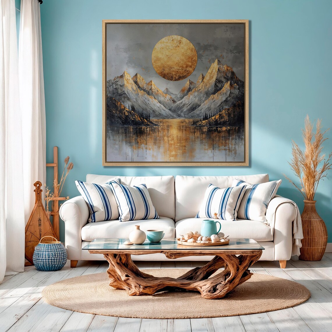 Giant Golden Sun Rising Over Mountain Lake Landscape Art Poster - Image 3