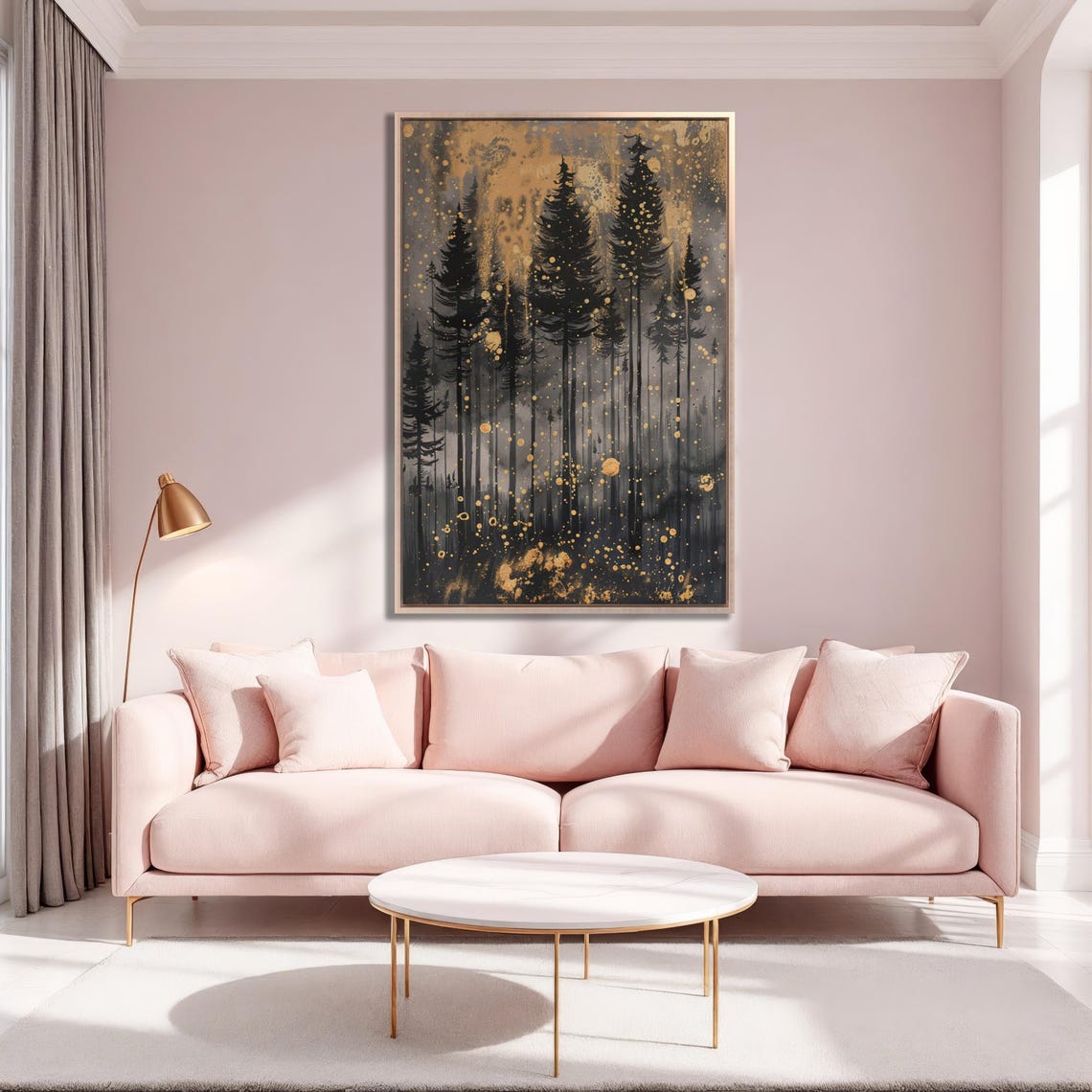 Black Pine Forest Silhouette With Gold Splatter Painting Art Poster - Image 2