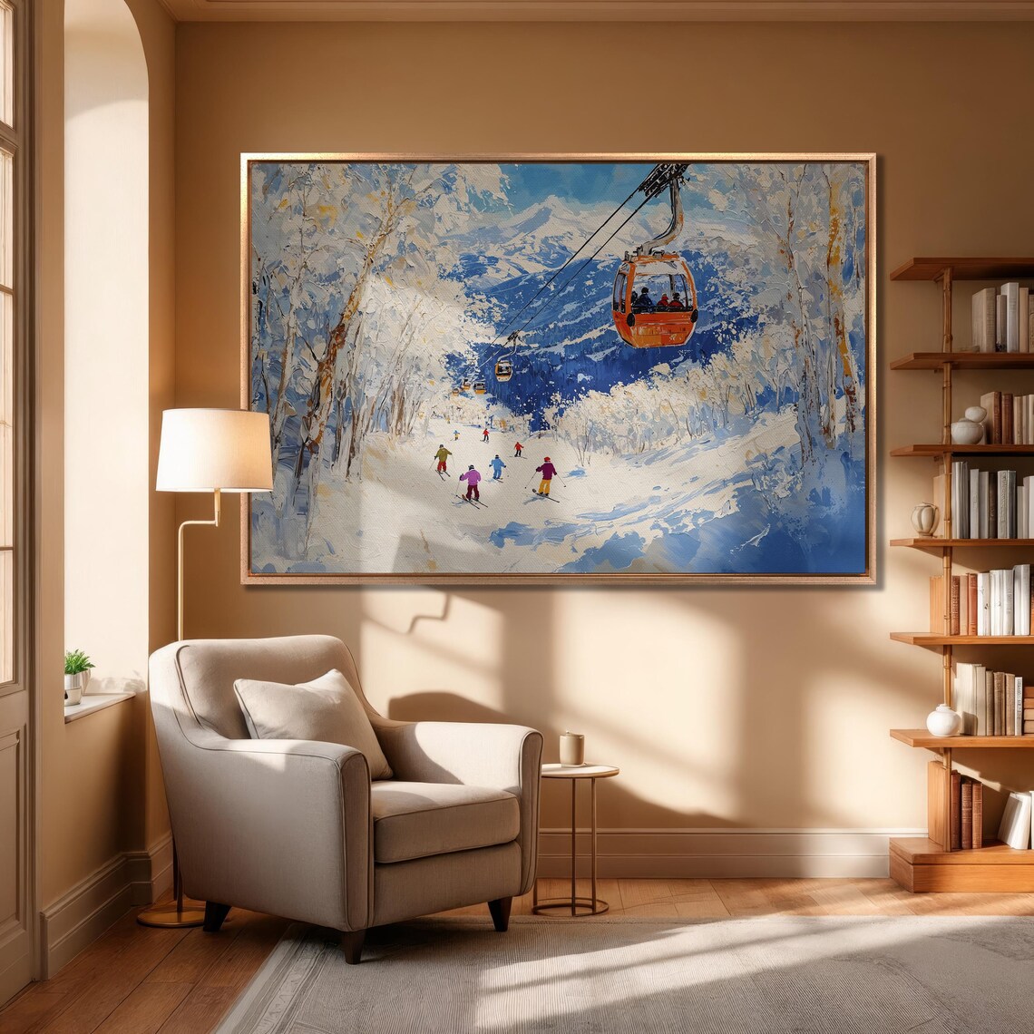 Skiers on Sunny Slope Under Orange Gondola Mountain Ski Poster - Image 6