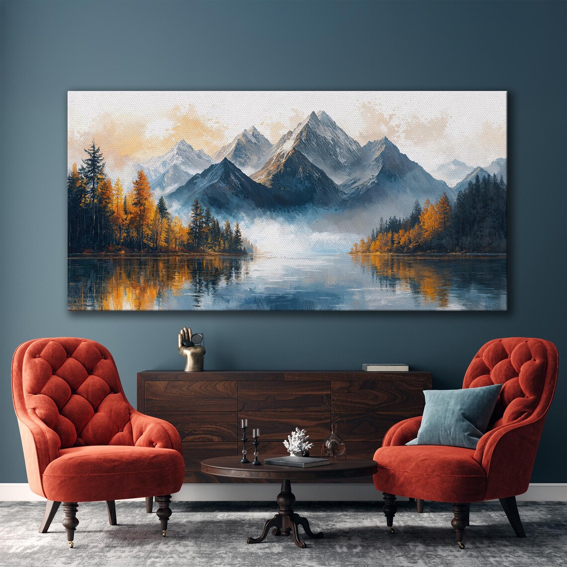 Misty Blue Mountains with Autumn Forest Lake Panorama Art Poster - Image 5