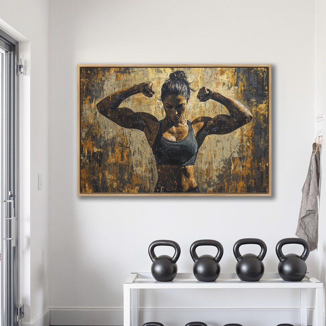 Strong Woman Flexing Biceps On Golden Textured Background Gym Poster - Image 2