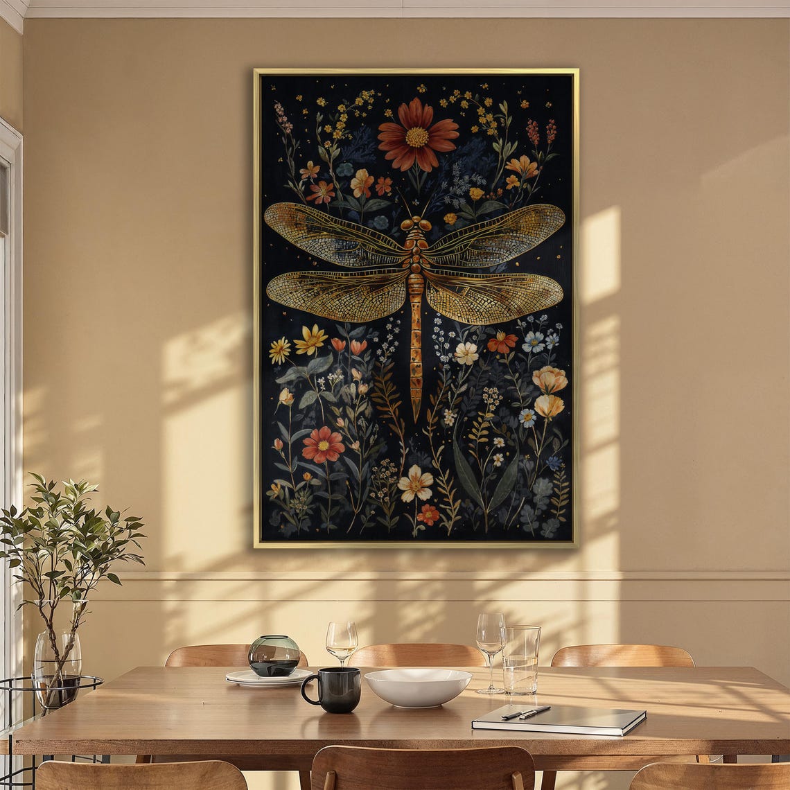 Golden Mosaic Winged Dragonfly Among Wildflowers on Black Poster - Image 2
