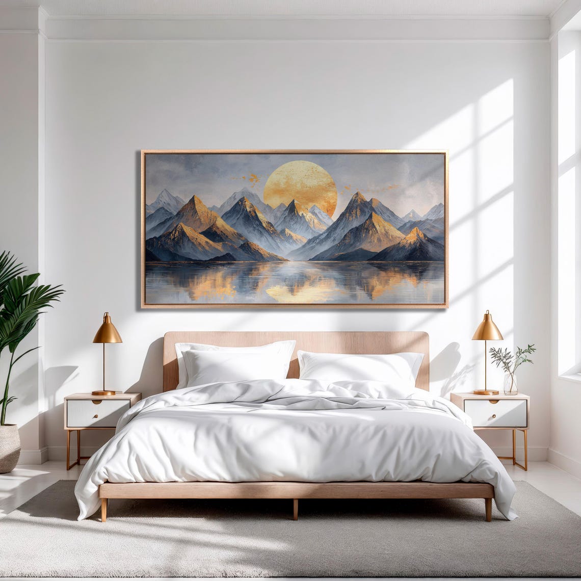 Golden Sun Rising Over Mountain Lake Panorama Serene Art Poster - Image 2