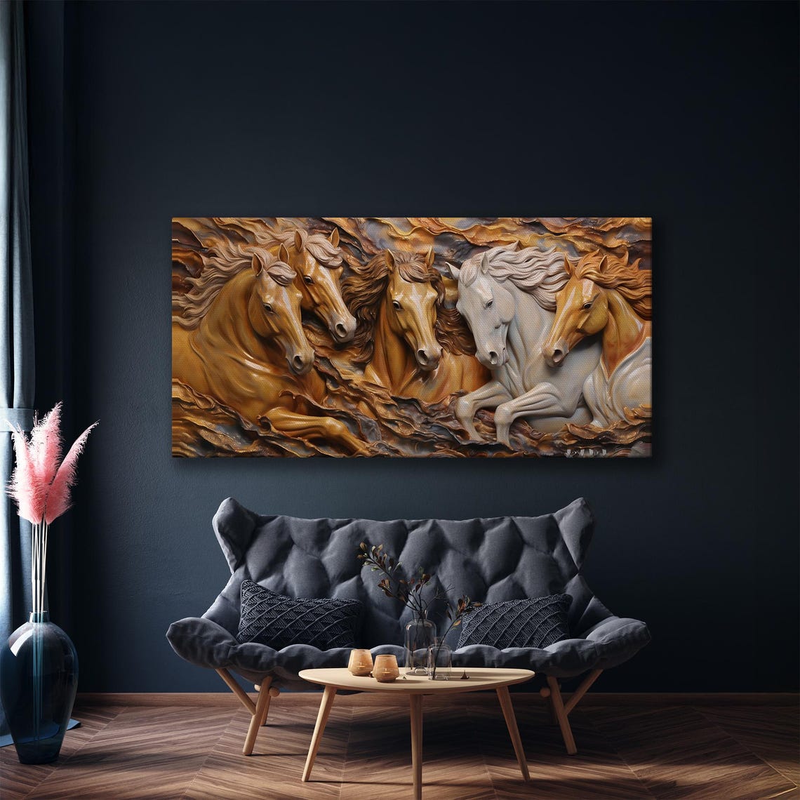 Five Running Horses 3D Sculpted Golden Relief Equestrian Wall Art - Image 4