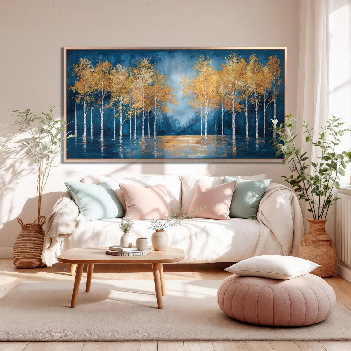 Golden Birch Trees Against Deep Blue Water Reflection Art Poster - Image 2