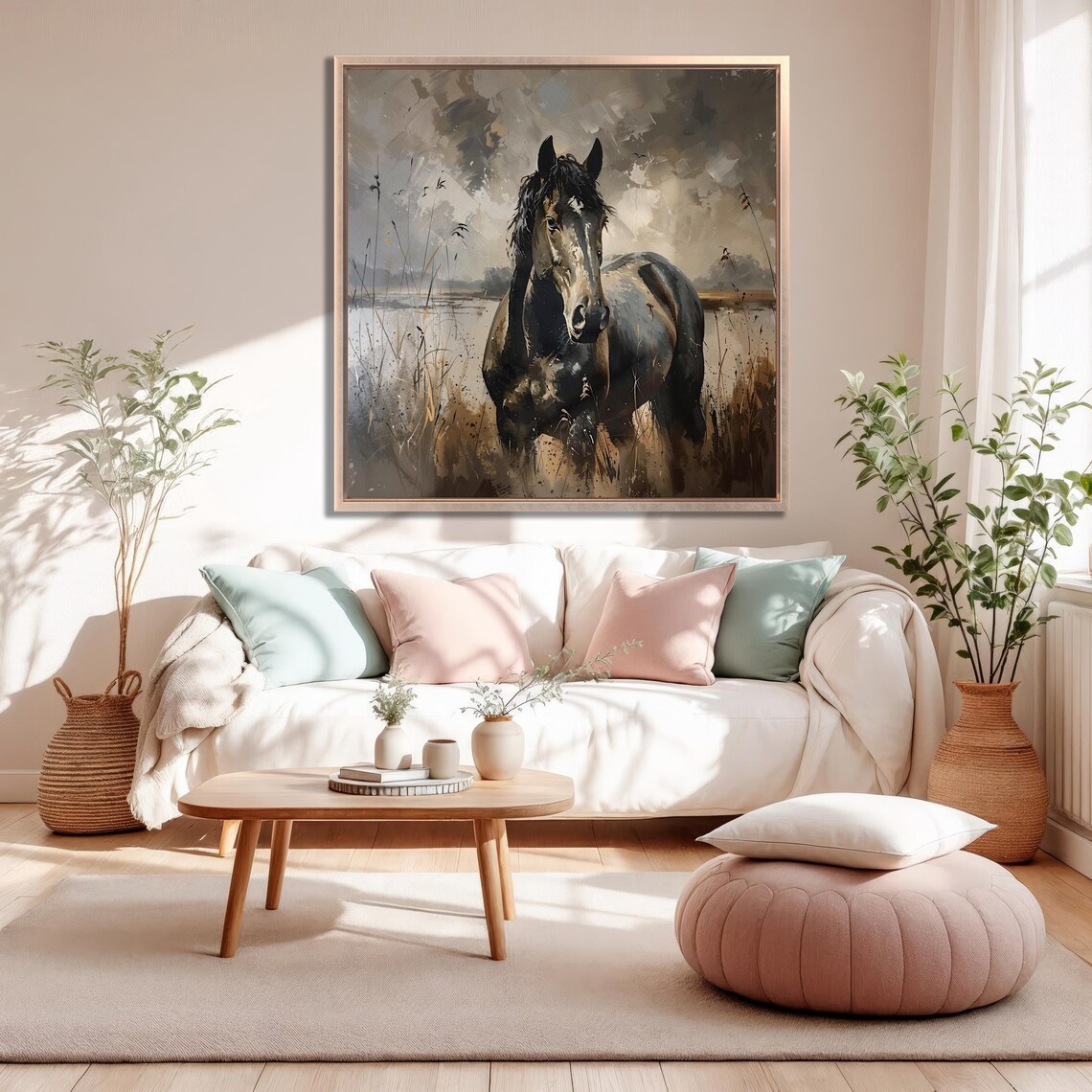 Dark Horse Standing In Misty Marsh Field Stormy Sky Watercolor Poster - Image 3
