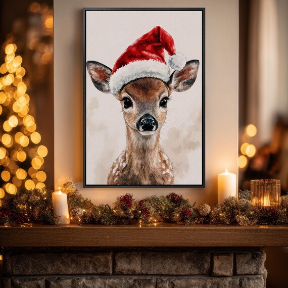 Cute Baby Deer in Santa Hat Christmas Watercolor Painting Poster