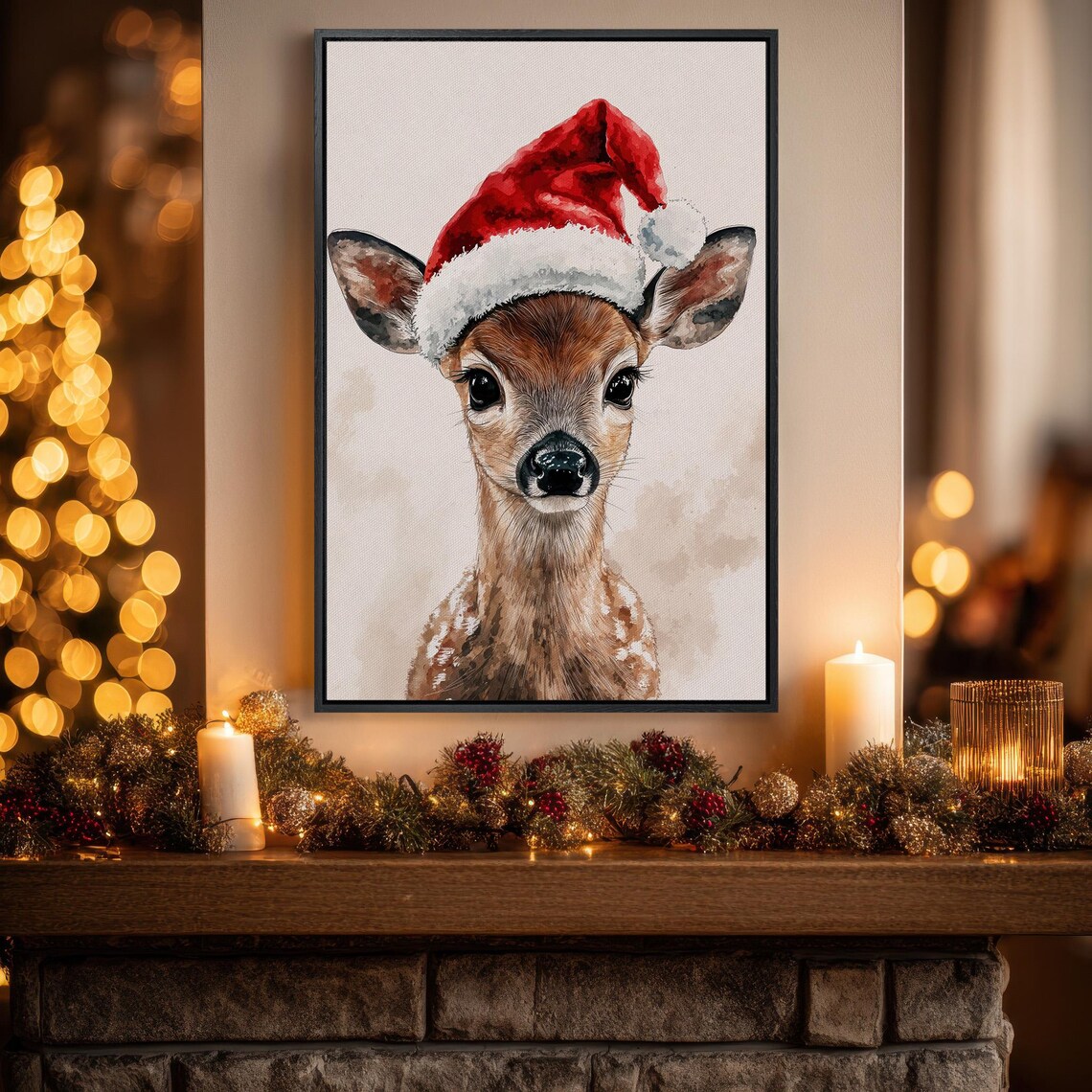 Cute Baby Deer in Santa Hat Christmas Watercolor Painting Poster