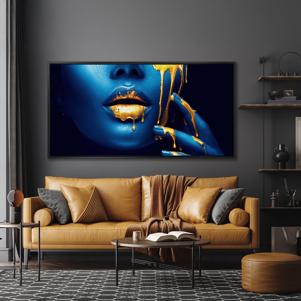 Blue and Gold Abstract Woman Face Modern Art Print - Image 4