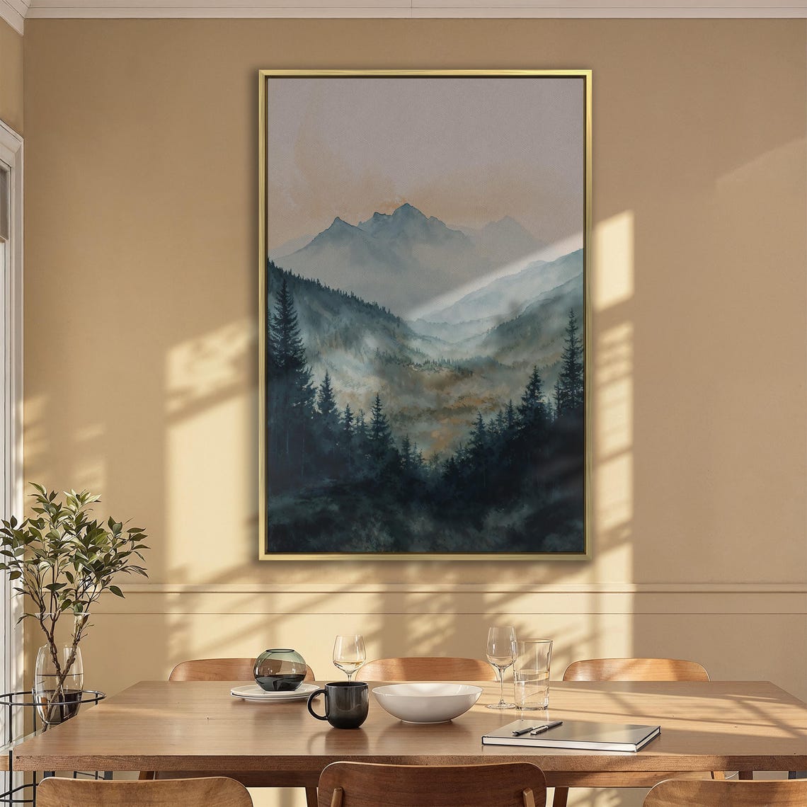 Misty Pine Forest Mountains at Dawn Soft Watercolor Landscape Poster - Image 2