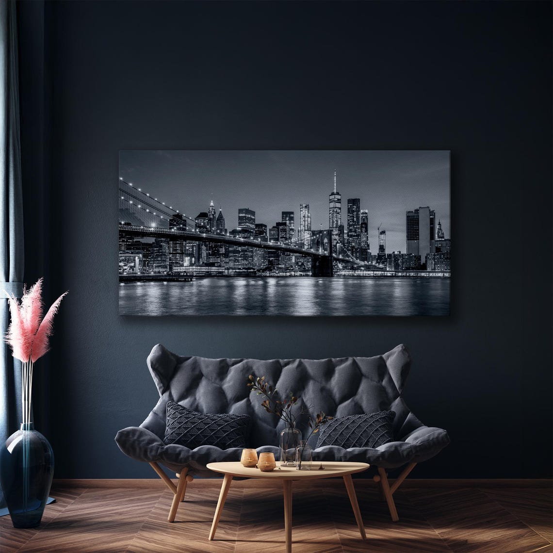 New York City Black White Brooklyn Bridge Skyline Triptych Poster - Image 2