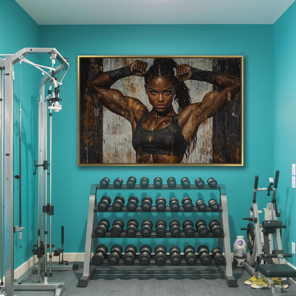 Strong Black Woman Flexing Both Arms On Textured Gray Gym Poster - Image 3
